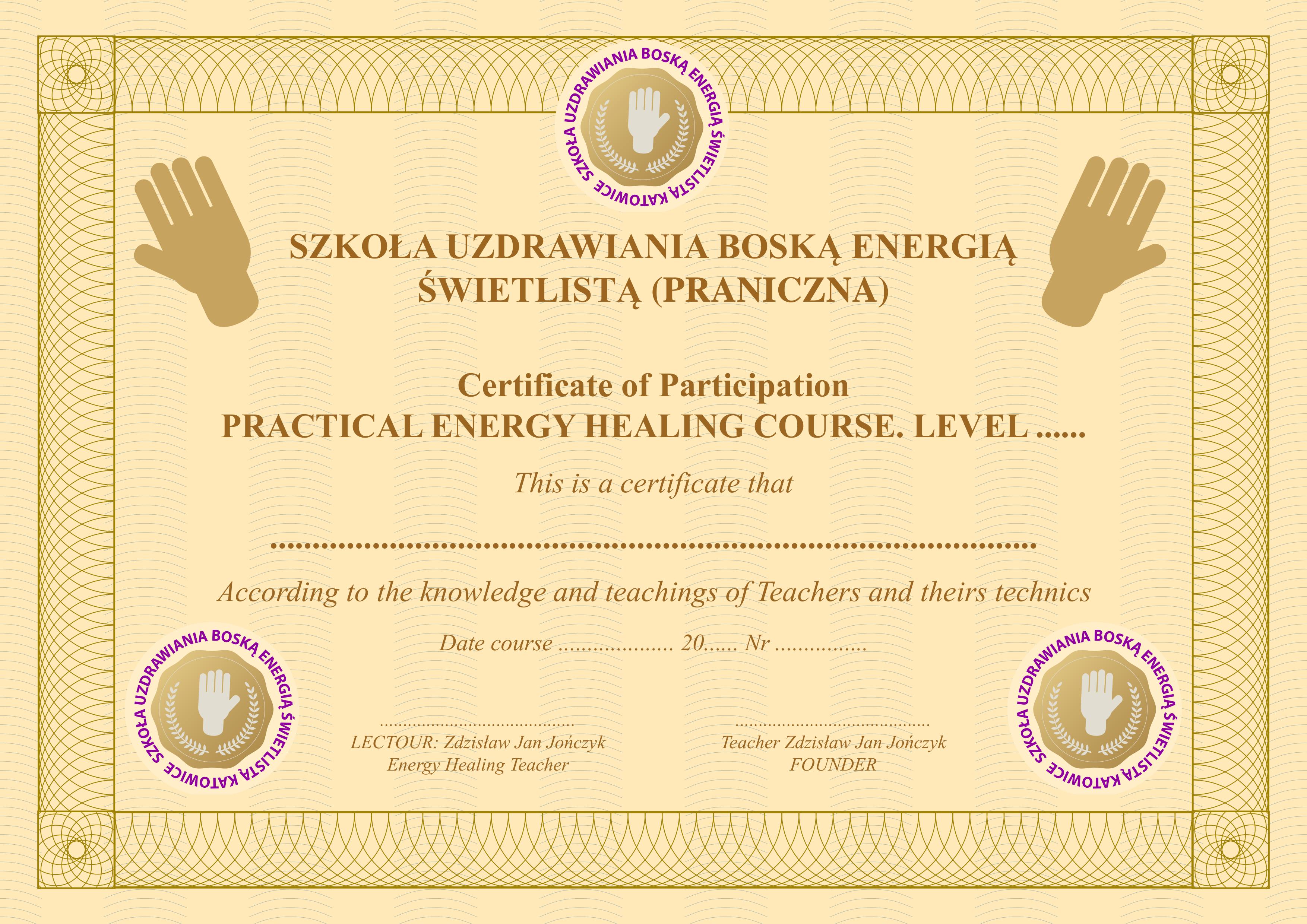 Dyplom Uzdrawiania Pranicznego - certyfikat bioenergoterapeuta Zdzisław Jan Jończyk
